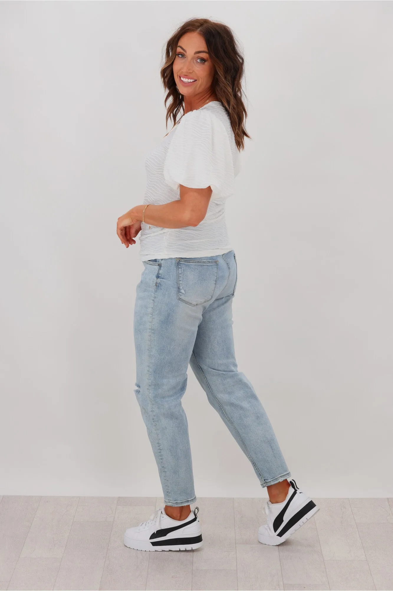 Grace & Co Puff Sleeve Textured Top White