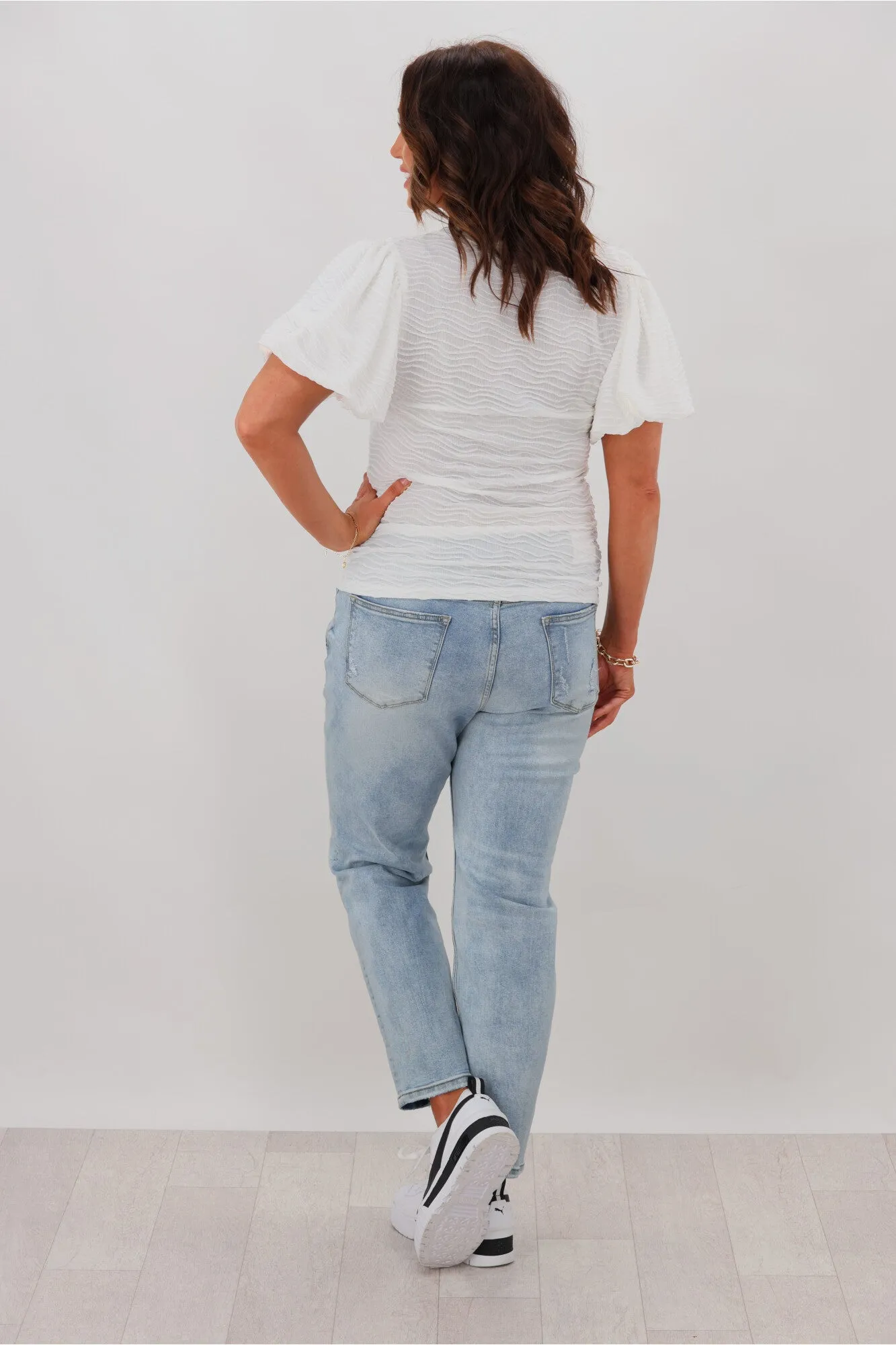 Grace & Co Puff Sleeve Textured Top White