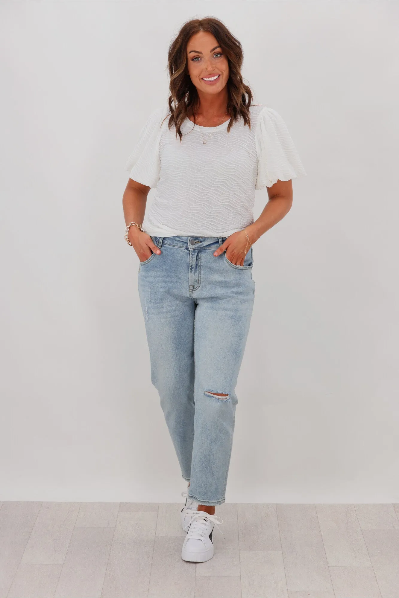 Grace & Co Puff Sleeve Textured Top White