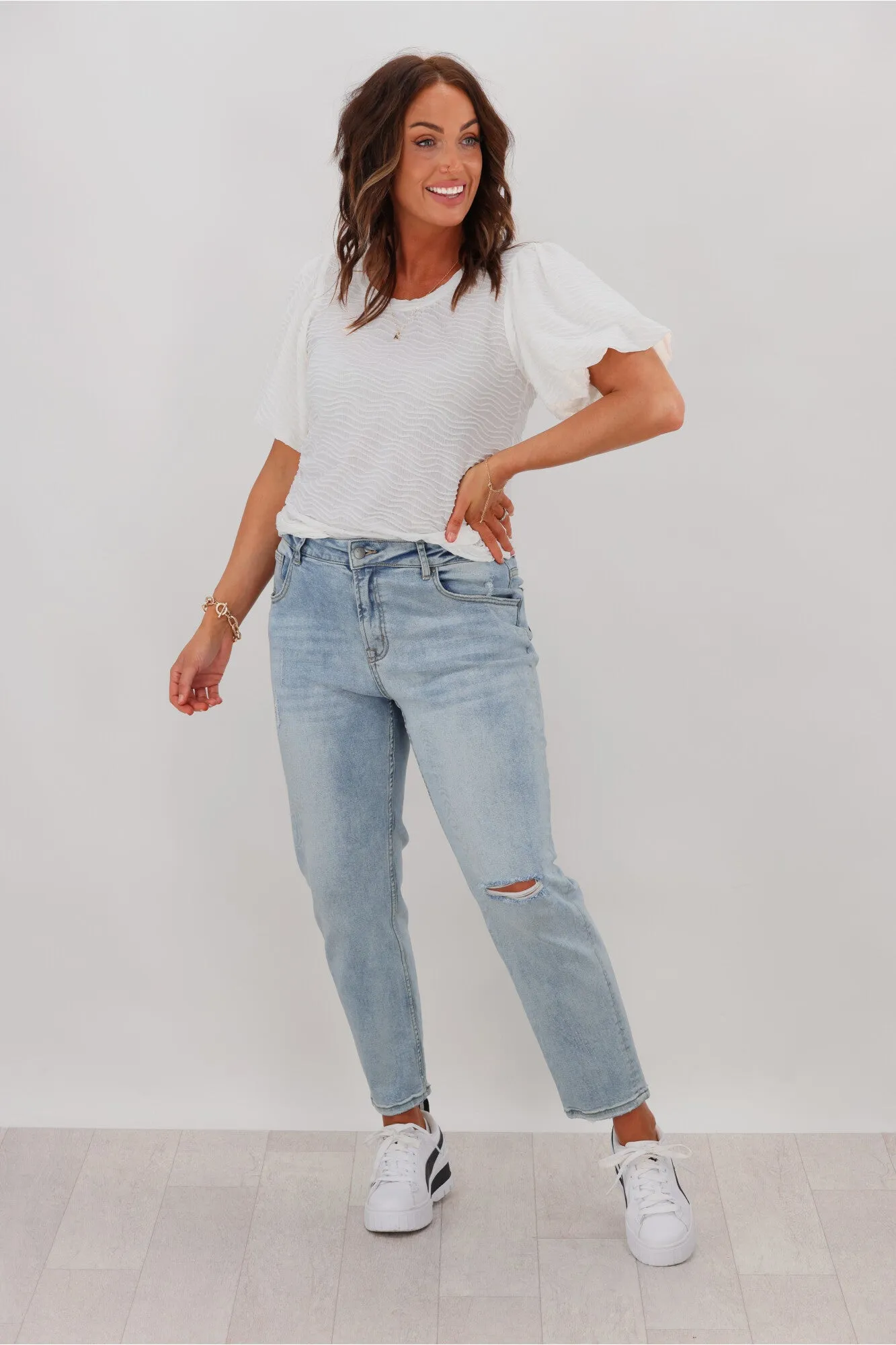 Grace & Co Puff Sleeve Textured Top White