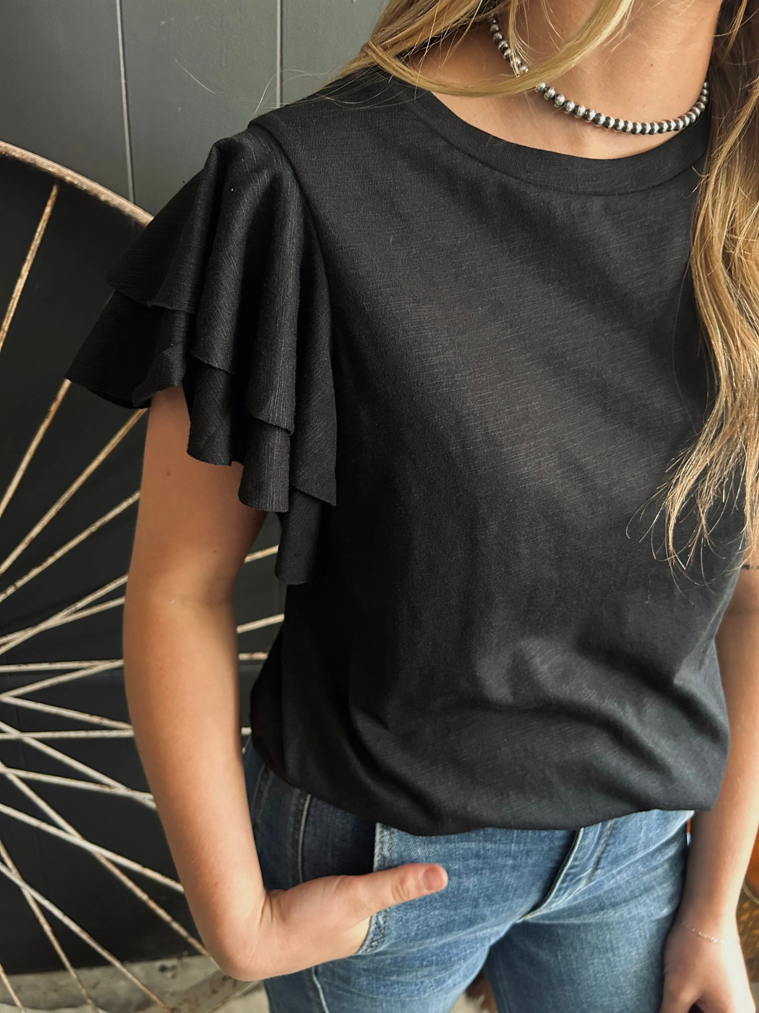 Western Layered Ruffle Short Sleeve Round Neck Top-3 Colors