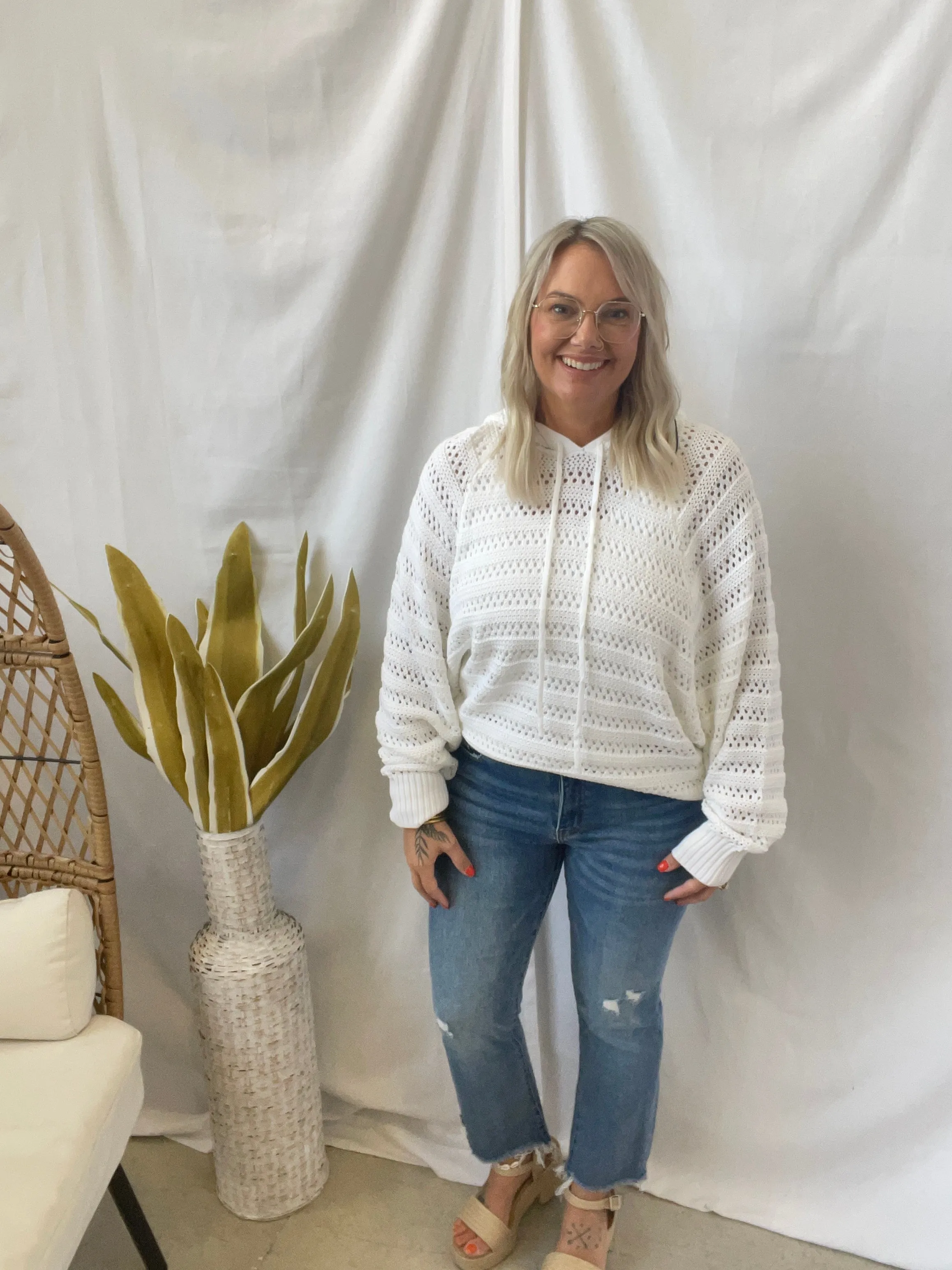 White Crochet Knit Hooded Top